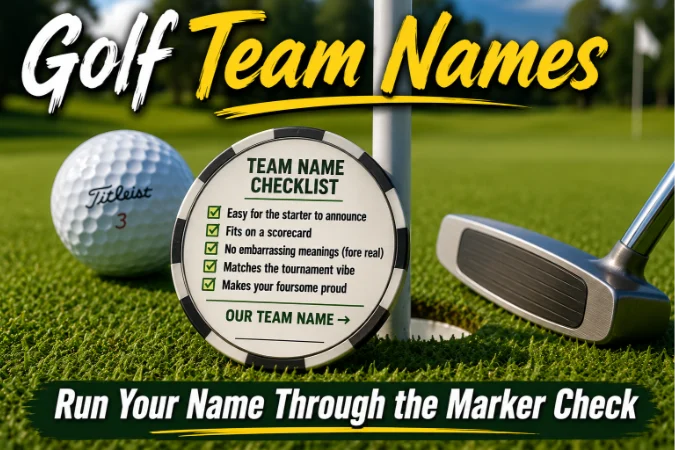 Golf Team Names for Every Tournament and Outing 2 Golf ball marker checklist for golf team names: easy for starter to announce, fits on scorecard, no embarrassing meanings, matches tournament vibe, makes foursome proud. Blank line "Our Team Name →". Green, flagstick background.