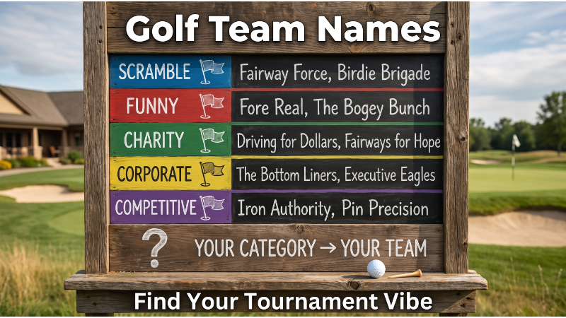 Golf Team Names for Every Tournament and Outing 1 Golf leaderboard with categories: Scramble (Fairway Force), Funny (Fore Real), Charity (Driving for Dollars), Corporate (The Bottom Liners), Competitive (Iron Authority). Blank slot "Your Category → Your Team". Course background.