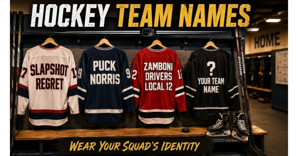 Three hockey jerseys hanging in a locker room with team names: Slapshot Regret, Puck Norris, Zamboni Drivers Local 12. Blank jersey "Your Team Name". Sticks, skates, locker room background. Hero image for hockey team names article.