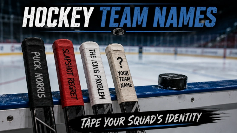 Hockey Team Names: 150+ Ideas for Beer League, Youth & Pickup Squads 2 Three hockey sticks with tape wraps showing team names: Puck Norris, Slapshot Regret, The Icing Problem. Blank stick "Your Team Name". Puck, rink background.