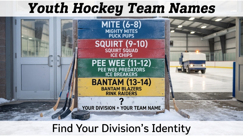 Hockey Team Names: 150+ Ideas for Beer League, Youth & Pickup Squads 1 Rink entrance sign with youth hockey age divisions: Mite (Mighty Mites), Squirt (Squirt Squad), Pee Wee (Pee Wee Predators), Bantam (Bantam Blazers). Blank sign "Your Division + Your Team Name". Sticks, puck, rink background.