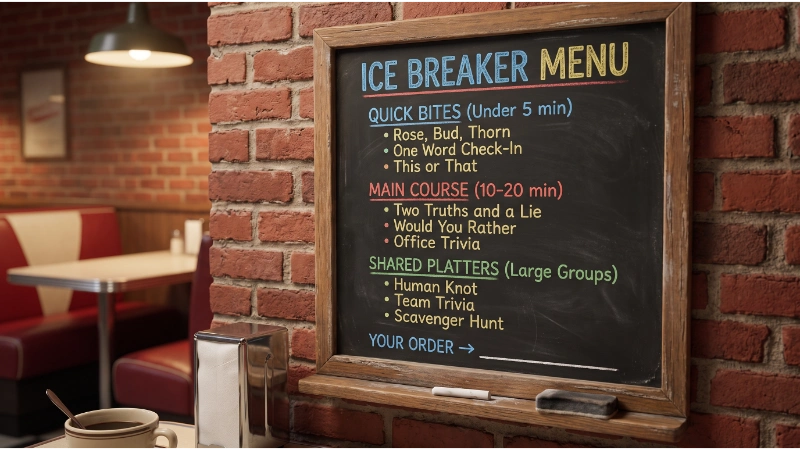 75+ Icebreaker Games for Adults: Fun Team Building Activities for 2026 2 Vintage diner chalkboard menu titled "Ice Breaker Menu" with icebreaker games for adults by category: Quick Bites (Rose Bud Thorn), Main Course (Two Truths and a Lie), Shared Platters (Human Knot). Blank line "Your Order →".