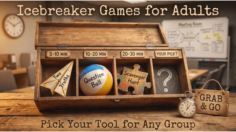 75+ Icebreaker Games for Adults: Fun Team Building Activities for 2026 1 Open toolbox with labeled compartments showing icebreaker games for adults by duration: 5-10 min (Two Truths), 10-20 min (Question Ball), 20-30 min (Scavenger Hunt). Empty compartment "Your Pick". Stopwatch and "Grab & Go" sign.