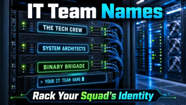 Server rack with illuminated nameplates: The Tech Crew, System Architects, Binary Brigade. Blank unit "Your IT Team Name". Data center background. Hero image for IT team names article.