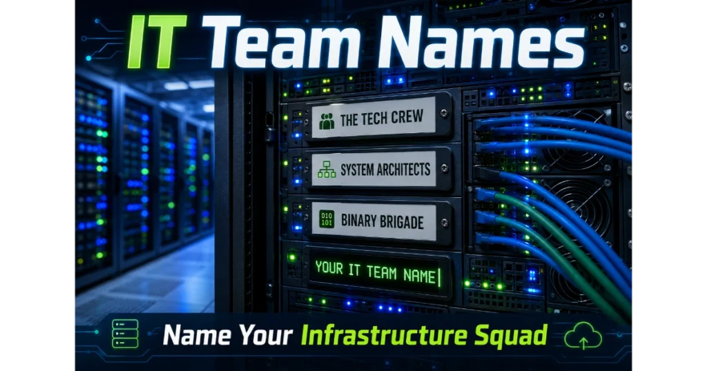 Server rack with name tags: The Tech Crew, System Architects, Binary Brigade. Blank label "Your IT Team Name". Data center background. Hero image for IT team names article.