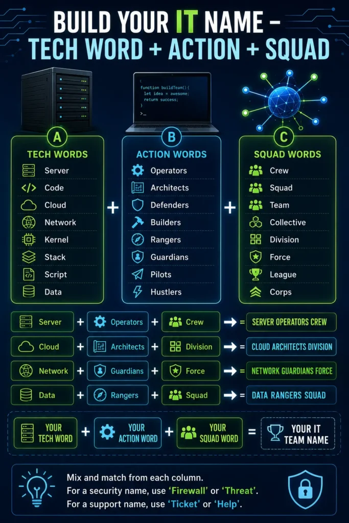 350+ IT Team Names: Funny, Cool, Professional & Tech-Inspired Ideas 1 Infographic titled "Build Your IT Name – Tech Word + Action + Squad" with three columns: Tech Words (Server, Cloud, Network, Data), Action Words (Operators, Architects, Guardians, Rangers), Squad Words (Crew, Division, Force, Squad). Combinations: Server Operators Crew, Cloud Architects Division, Network Guardians Force, Data Rangers Squad. Blank template for user's own IT team name.
