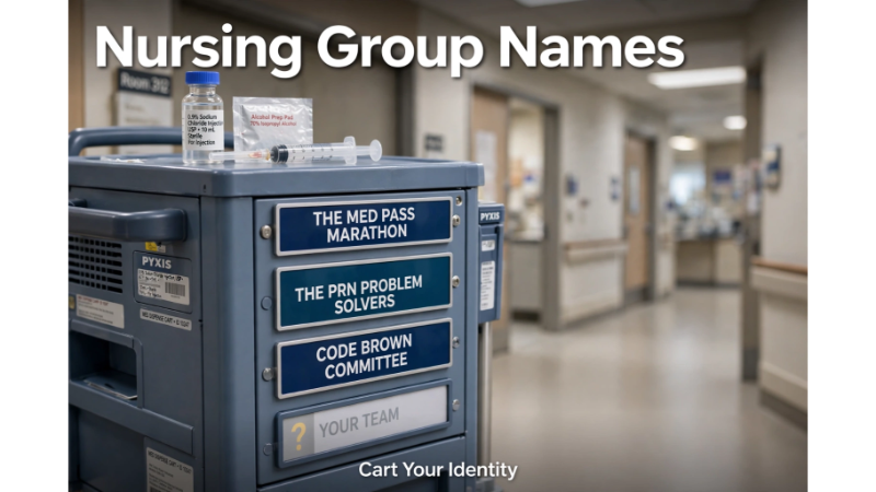 Nursing Group Names for Every Unit, Shift, and Setting 2 Medication cart with name plates showing nursing group names: The Med Pass Marathon, The PRN Problem Solvers, Code Brown Committee. Blank plate "Your Team". Saline vial, syringe, swab, hospital hallway background.