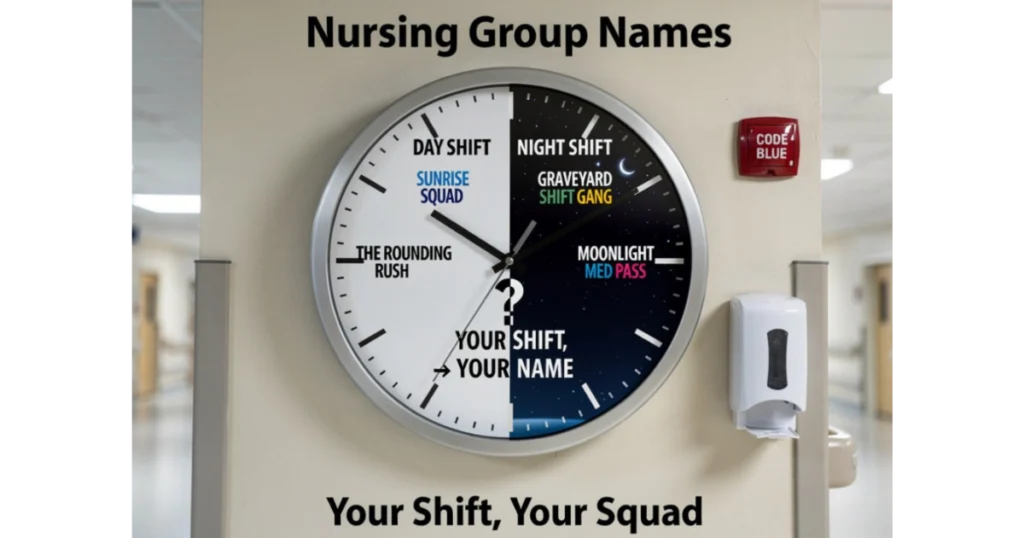 Hospital wall clock split into Day Shift (Sunrise Squad) and Night Shift (Graveyard Shift Gang). Center blank "Your Shift → Your Name". Code Blue button, hand sanitizer, hallway background. Hero image for nursing group names.