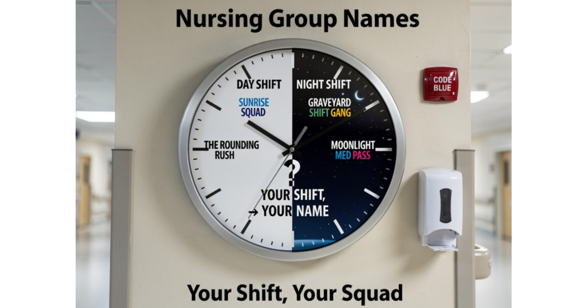 Hospital wall clock split into Day Shift (Sunrise Squad) and Night Shift (Graveyard Shift Gang). Center blank "Your Shift → Your Name". Code Blue button, hand sanitizer, hallway background. Hero image for nursing group names.