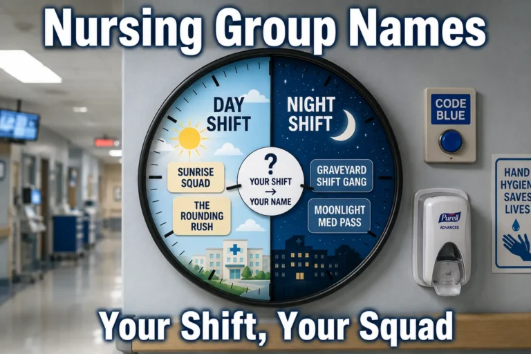 Hospital wall clock split into Day Shift (Sunrise Squad) and Night Shift (Graveyard Shift Gang). Center blank "Your Shift → Your Name". Code Blue button, hand sanitizer, hallway background. Hero image for nursing group names article.