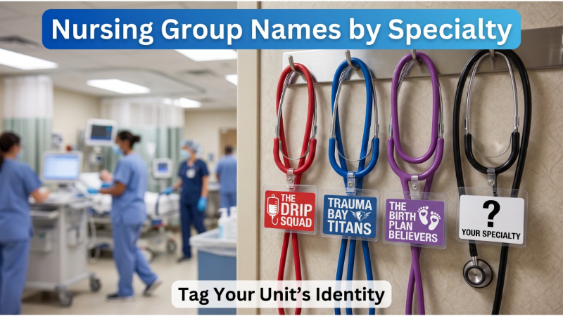 Nursing Group Names for Every Unit, Shift, and Setting 1 Stethoscopes with name tags showing nursing group names: The Drip Squad, Trauma Bay Titans, The Birth Plan Believers. Blank stethoscope "Your Specialty". Hospital unit background.