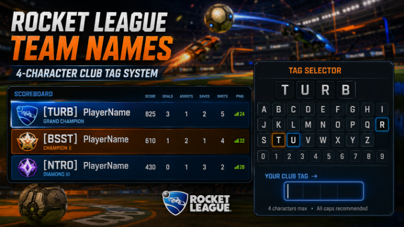 Rocket League scoreboard showing club tags [TURB], [BSST], [NTRO] next to player names. Tag selector panel with 4-character combinations. Blank slot "Your Club Tag →". Note: "4 characters max • All caps recommended".