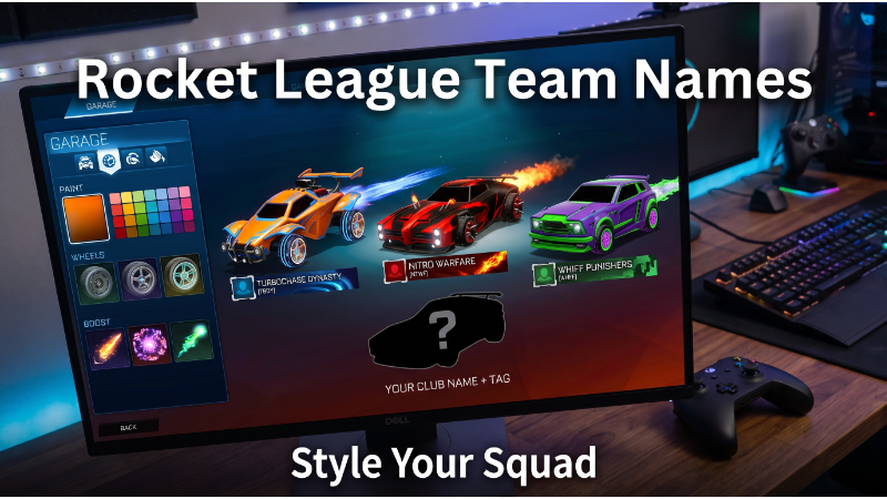 195+ Rocket League Team Names: Competitive, Funny, Cool & Club Tag Ideas 1 Rocket League garage screen showing car bodies with team names and tags: Turbochase Dynasty (TBDY), Nitro Warfare (NTWF), Whiff Punishers (WHFF). Blank car "Your Club Name + Tag". Controller visible.