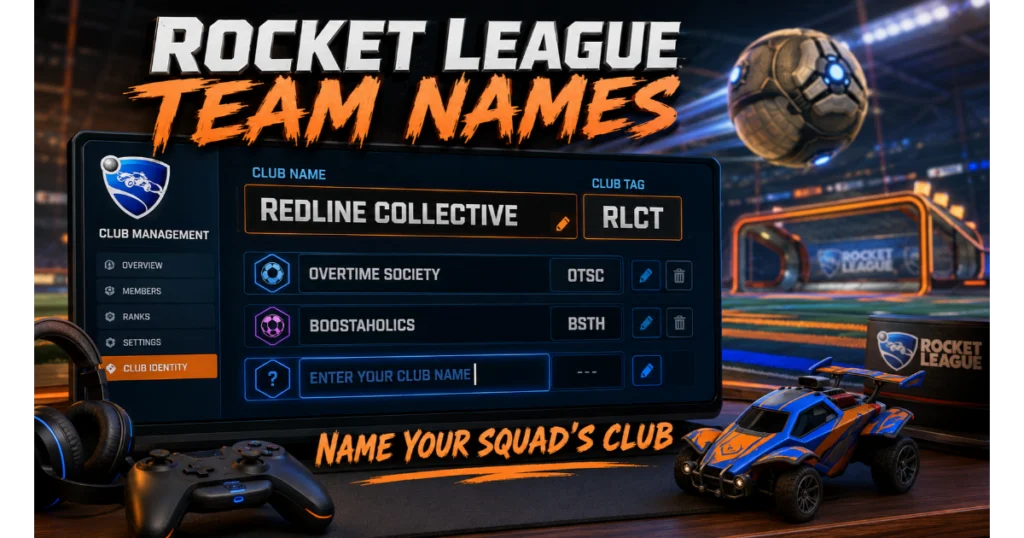 Rocket League Club management screen showing club names and tags: Redline Collective (RLCT), Overtime Society (OTSC), Boostaholics (BSTH). Blank field "Enter Your Club Name". Controller, Octane toy, arena background. Hero image for Rocket League team names article.
