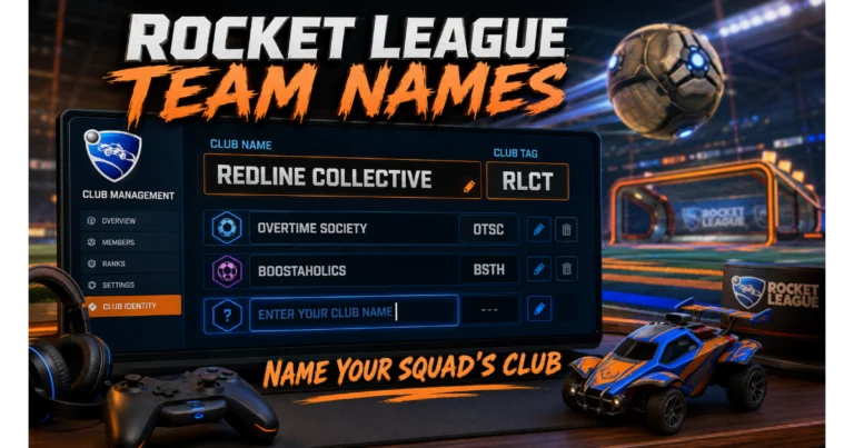 Rocket League Club management screen showing club names and tags: Redline Collective (RLCT), Overtime Society (OTSC), Boostaholics (BSTH). Blank field "Enter Your Club Name". Controller, Octane toy, arena background. Hero image for Rocket League team names article.