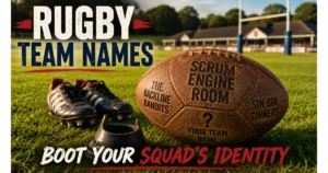 Rugby ball with engraved team names: Scrum Engine Room, The Backline Bandits, Sin Bin Sinners. Blank area "Your Team Name". Kicking tee, boots, pitch, goalposts background. Hero image for rugby team names article.