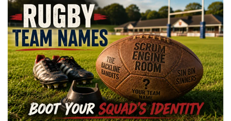 Rugby ball with engraved team names: Scrum Engine Room, The Backline Bandits, Sin Bin Sinners. Blank area "Your Team Name". Kicking tee, boots, pitch, goalposts background. Hero image for rugby team names article.