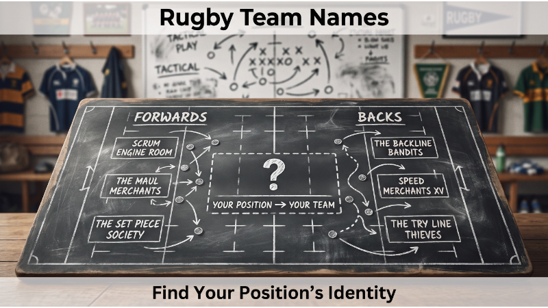 Rugby pitch diagram divided into Forwards (Scrum Engine Room) and Backs (The Backline Bandits). Blank center "Your Position → Your Team". Clubhouse whiteboard background.