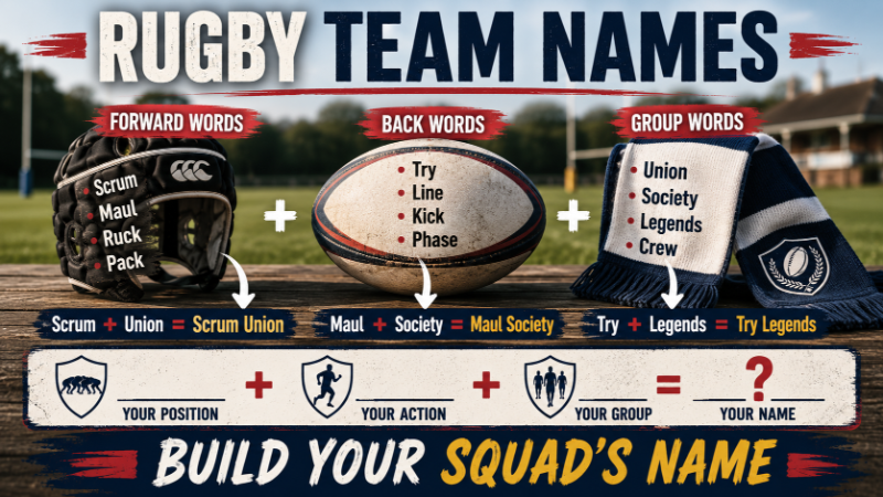 Rugby items (scrum cap, ball, scarf) showing name-building formula: Forward Words + Back Words + Group Words = combinations like Scrum Union. Blank template for user's own rugby team name.