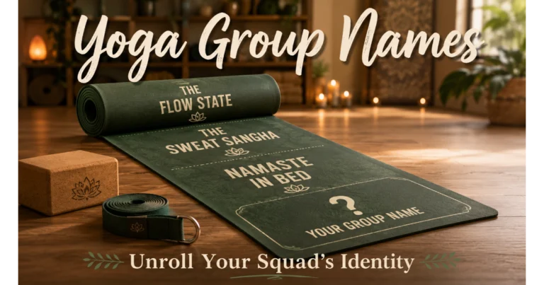 Yoga mat partially unrolled with yoga group names printed along it: The Flow State, The Sweat Sangha, Namaste in Bed. Blank section "Your Group Name". Block, strap, studio background. Hero image for yoga group names article.