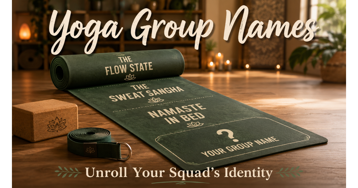 Yoga mat partially unrolled with yoga group names printed along it: The Flow State, The Sweat Sangha, Namaste in Bed. Blank section "Your Group Name". Block, strap, studio background. Hero image for yoga group names article.