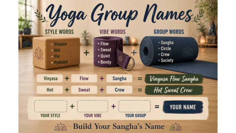 Yoga Group Names: 150+ Creative Ideas for Your Practice Circle 1 Yoga props (block, strap, mat) showing name-building formula: Style Words (Vinyasa, Hot) + Vibe Words (Flow, Sweat) + Group Words (Sangha, Crew) = combinations like Vinyasa Flow Sangha. Blank template for user's own yoga group name.