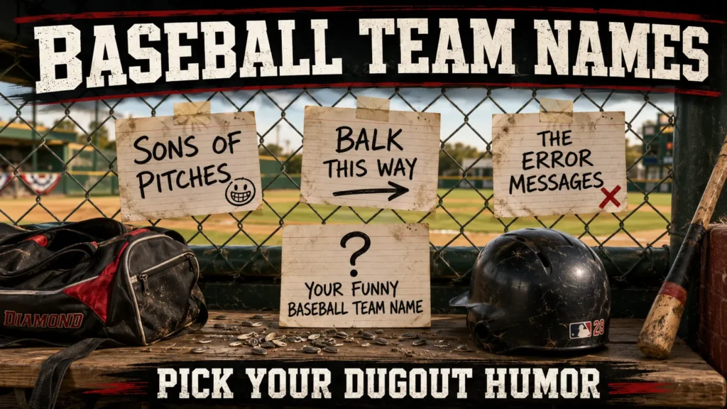 400+ Baseball Team Names: Funny, Cool, Youth & Travel Ideas 1 Dugout cards with funny baseball team names: Sons of Pitches, Balk This Way, The Error Messages. Blank card "Your Funny Baseball Team Name". Bat bag, helmet, sunflower seeds, field background.