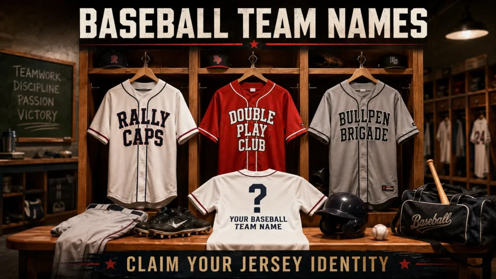 Baseball jerseys hanging with baseball team names: Rally Caps, Double Play Club, Bullpen Brigade. Blank jersey "Your Baseball Team Name". Cleats, helmet, equipment bag, locker room background. Hero image for baseball team names article.