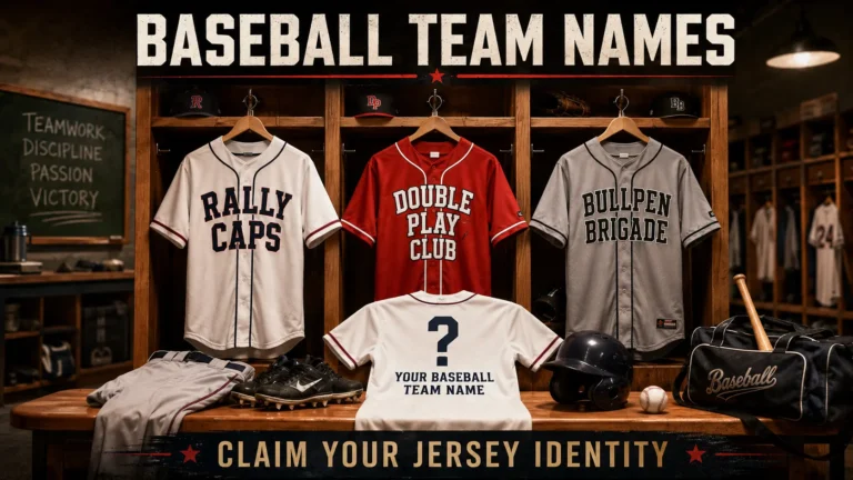 Baseball jerseys hanging with baseball team names: Rally Caps, Double Play Club, Bullpen Brigade. Blank jersey "Your Baseball Team Name". Cleats, helmet, equipment bag, locker room background. Hero image for baseball team names article.