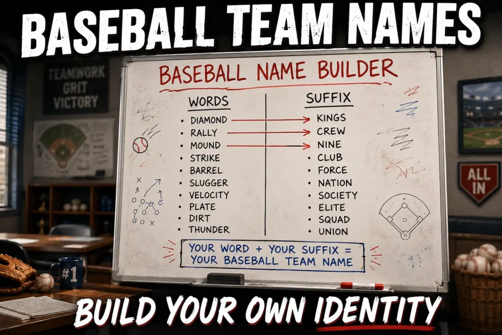 400+ Baseball Team Names: Funny, Cool, Youth & Travel Ideas 2 Baseball name builder whiteboard with columns of words and suffixes. Combinations: Diamond + Nine, Rally + Crew, Mound + Society. Blank space "Your Word + Your Suffix = Your Baseball Team Name". Meeting room background.