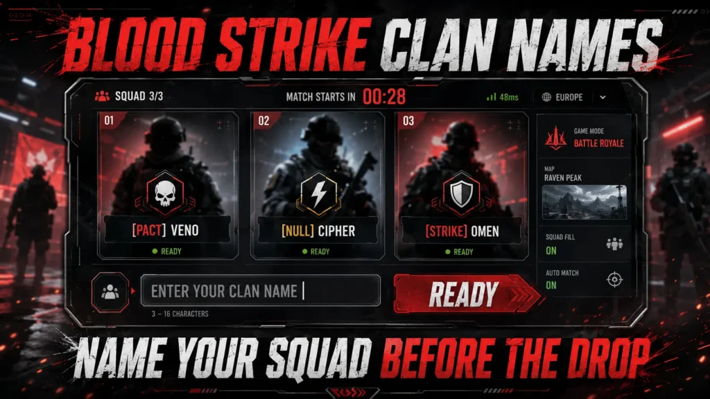 Blood Strike lobby screen with three players showing clan tags: [PACT] VENO, [NULL] CIPHER, [STRIKE] OMEN. Blank slot "Enter Your Clan Name". Matchmaking background.
