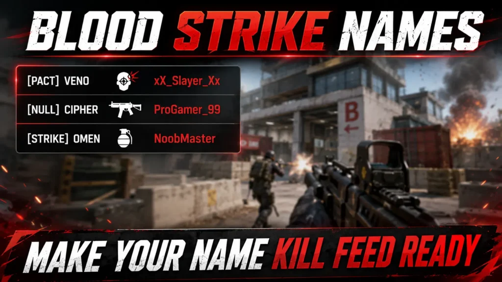 Blood Strike in-game kill feed showing clean names: [PACT] VENO, [NULL] CIPHER, [STRIKE] OMEN. Dark semi-transparent background, white and red text. Gameplay background.