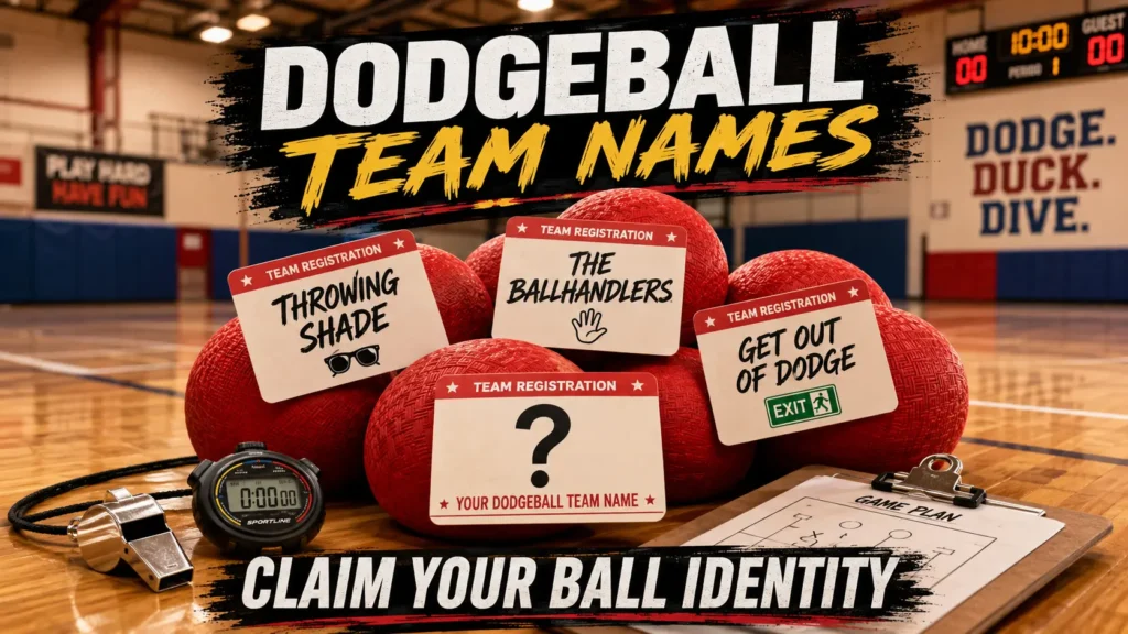 Dodgeball pile with name cards showing dodgeball team names: Throwing Shade, The Ballhandlers, Get Out of Dodge. Blank card "Your Dodgeball Team Name". Whistle, stopwatch, clipboard, gym background. Hero image for dodgeball team names article.