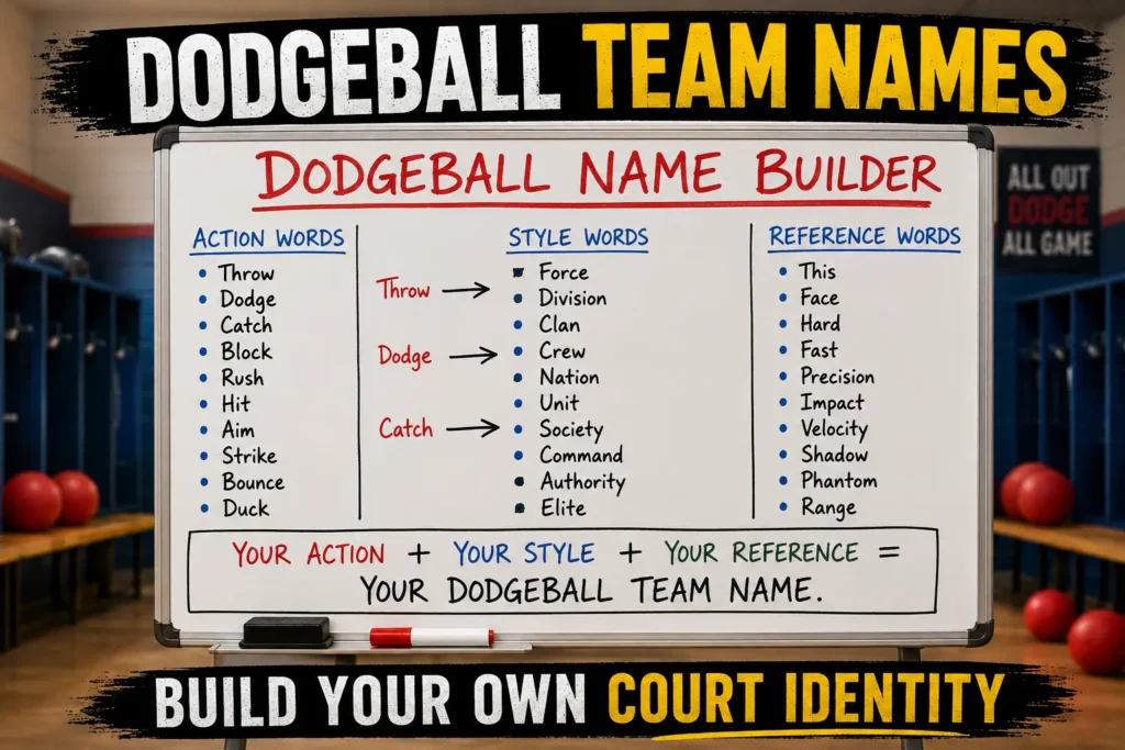 Dodgeball name builder whiteboard with columns: Action Words, Style Words, Reference Words. Combinations: Throw + Force, Dodge + Clan, Catch + This. Blank space "Your Action + Your Style + Your Reference = Your Dodgeball Team Name". Locker room background.