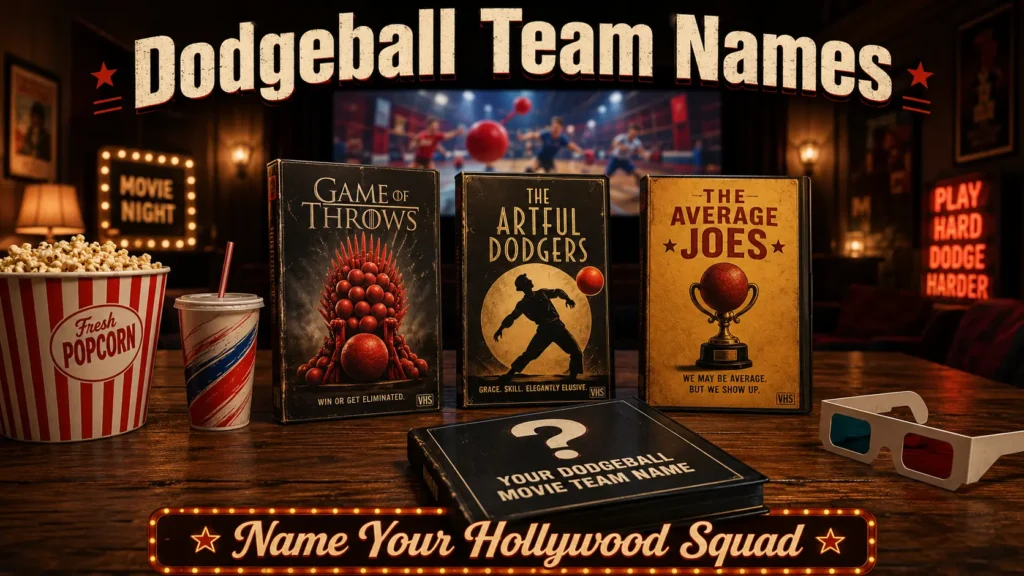 Movie poster mockups with dodgeball team names: Game of Throws, The Artful Dodgers, The Average Joes. Blank poster "Your Dodgeball Movie Team Name". Popcorn, soda, 3D glasses, home theater background.