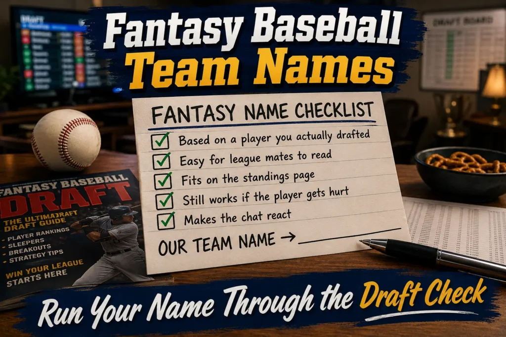 Fantasy Baseball Team Names Built Around the Players on Your Roster 2 Fantasy draft checklist for team names: based on drafted player, easy to read, fits standings, still works if player gets hurt, makes chat react. Blank line "Our Team Name →". Ball, magazine, draft room background.