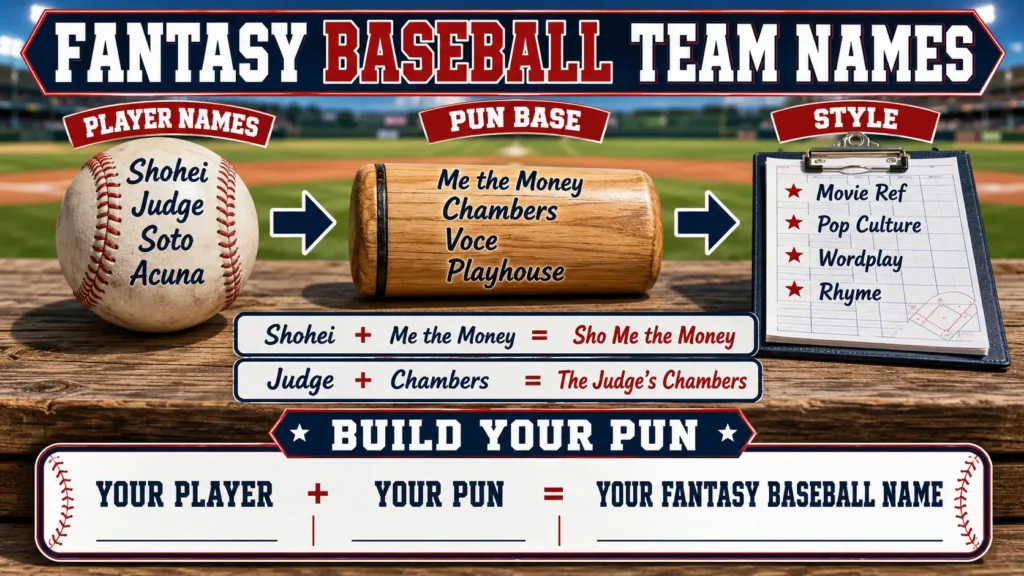 Fantasy Baseball Team Names Built Around the Players on Your Roster 1 Baseball items (ball, bat, scorecard) showing name-building formula: Player Names + Pun Base = combinations like Sho Me the Money. Blank template for user's own fantasy baseball team name.