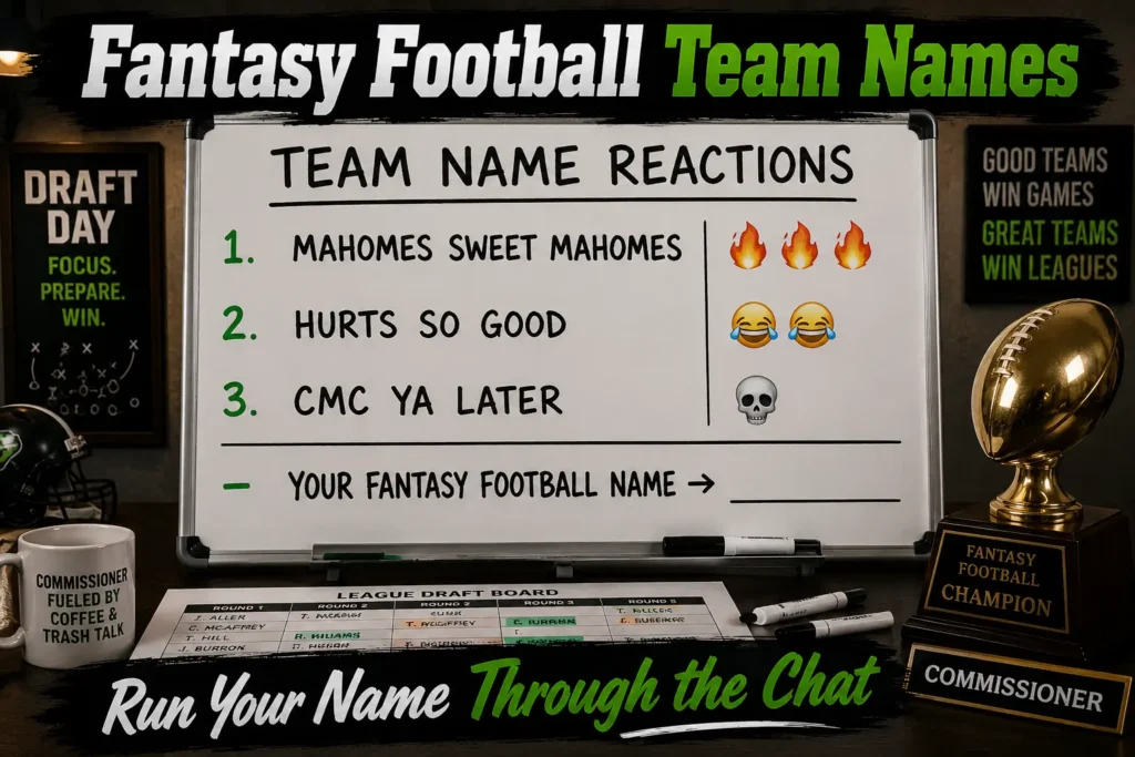 Fantasy Football Team Names for the 2026 Season 1 Whiteboard with fantasy football team names and league reactions: Mahomes Sweet Mahomes (🔥), Hurts So Good (😂), CMC Ya Later (💀). Blank line "Your Fantasy Football Name →". Trophy, draft sheet background.