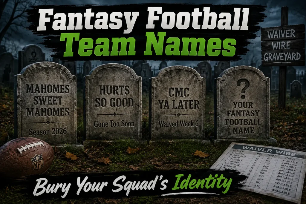 Fantasy Football Team Names for the 2026 Season 2 Graveyard headstones with fantasy football team names: Mahomes Sweet Mahomes, Hurts So Good, CMC Ya Later. Blank headstone "Your Fantasy Football Name". Waiver wire printout, football background.