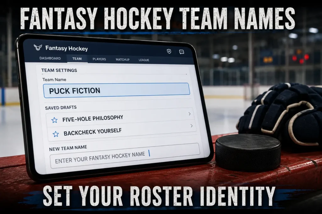 Fantasy hockey app screen with team name "Puck Fiction" and suggestions "Five-Hole Philosophy", "Backcheck Yourself". Blank field "Enter Your Fantasy Hockey Name". Puck, gloves, rink background. Hero image for fantasy hockey team names article.