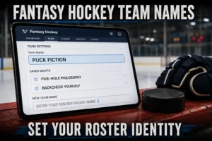 Home 10 Fantasy hockey app screen with team name "Puck Fiction" and suggestions "Five-Hole Philosophy", "Backcheck Yourself". Blank field "Enter Your Fantasy Hockey Name". Puck, gloves, rink background. Hero image for fantasy hockey team names article.