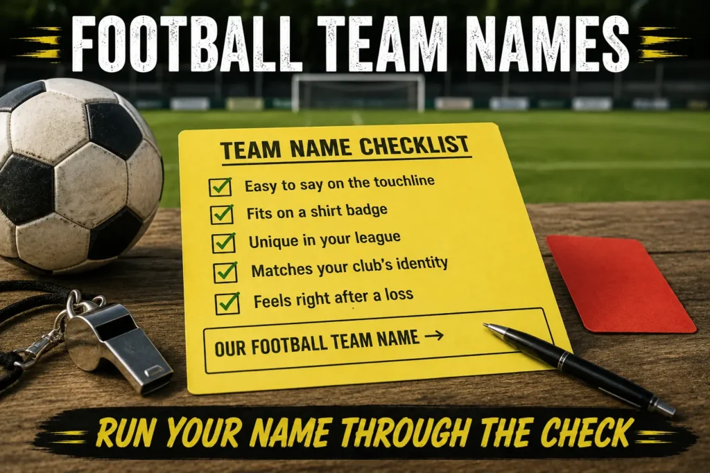 Referee card checklist for football team names: easy to say on touchline, fits on shirt badge, unique in league, matches club identity, feels right after a loss. Blank line "Our Football Team Name →". Whistle, red card, pitch background.