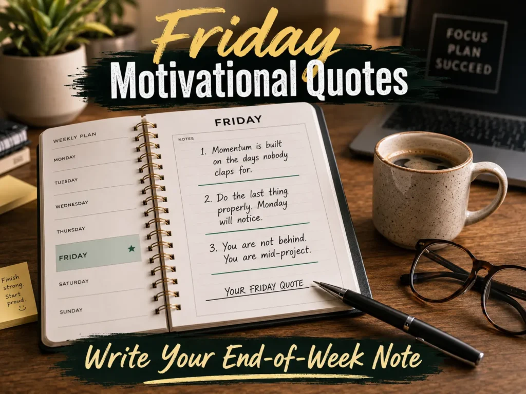 Friday Motivational Quotes for Slack Posts, Team Emails and Hard Weeks 1 Friday calendar page with motivational quotes: "Momentum is built on the days nobody claps for.", "Do the last thing properly.", "You are not behind. You are mid-project." Blank line "Your Friday Quote". Coffee, glasses, desk background.