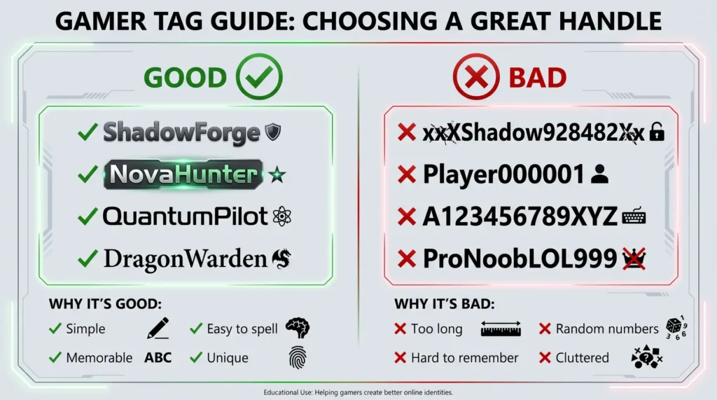 660+ Xbox Names: Cool, Funny, Unique & Creative Gamertag Ideas 2 Comparison graphic illustrating effective Xbox gamertags versus overly complicated usernames. Examples demonstrate why simple, memorable names are easier to recognize than usernames filled with random numbers or unnecessary characters, supporting the article's naming advice.