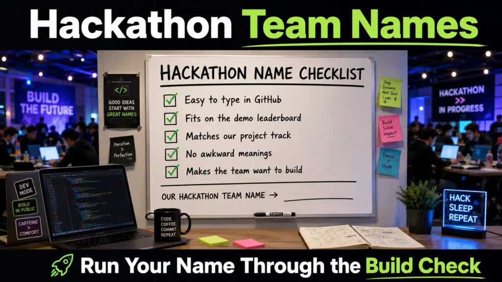 Sticky note checklist for hackathon team names: easy to type in GitHub, fits on leaderboard, matches project track, no awkward meanings, makes team want to build. Blank line "Our Hackathon Team Name →". Laptop, coffee cup, hackathon background.