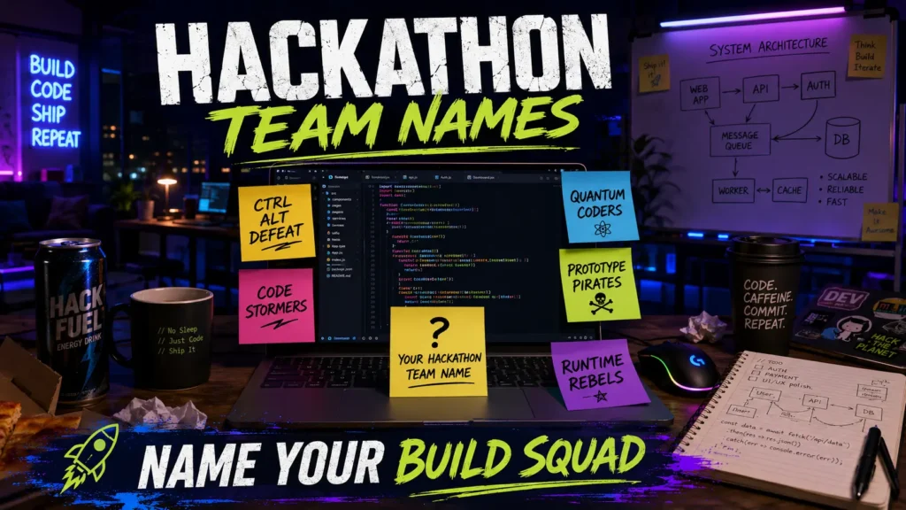 Hackathon desk with laptop and sticky notes showing team names: Ctrl Alt Defeat, Code Stormers, Quantum Coders, Prototype Pirates, Runtime Rebels. Blank note "Your Hackathon Team Name". Energy drink, coffee, whiteboard background. Hero image for hackathon team names article.
