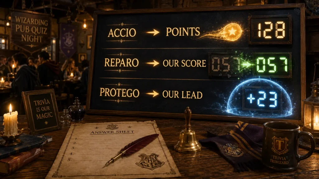 Magical trivia scoreboard showing spell-based team name ideas such as Accio Points and Reparo Our Score.
