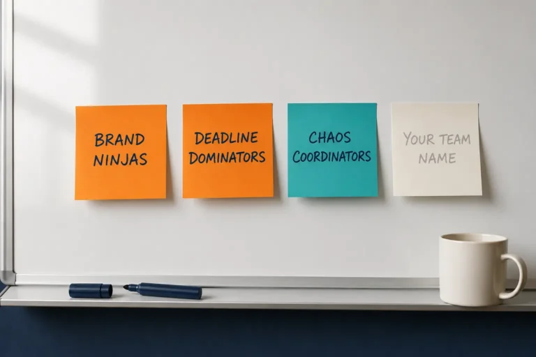 Home 3 Office whiteboard with sticky notes reading Brand Ninjas, Deadline Dominators, and Chaos Coordinators