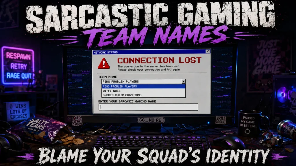 404 error screen with sarcastic gaming team names: Ping Problem Players, Wi-Fi Woes, Broken Chair Champions. Blank field "Enter Your Sarcastic Gaming Name". Messy desk, tangled cables background.