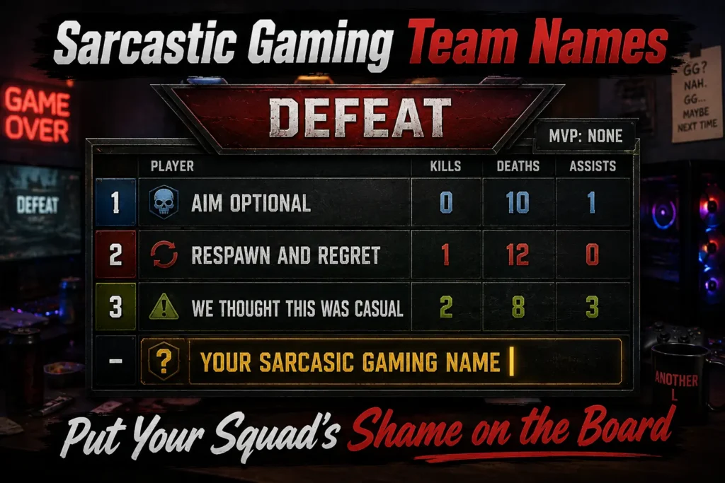 Mock scoreboard with sarcastic gaming team names: Aim Optional (0 kills), Respawn and Regret (1 kill), We Thought This Was Casual (2 kills). Blank slot "Your Sarcastic Gaming Name". Defeat banner, MVP: None background.